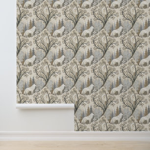 Papel Pintado Tranquila escena del bosque invernal con lobos bla