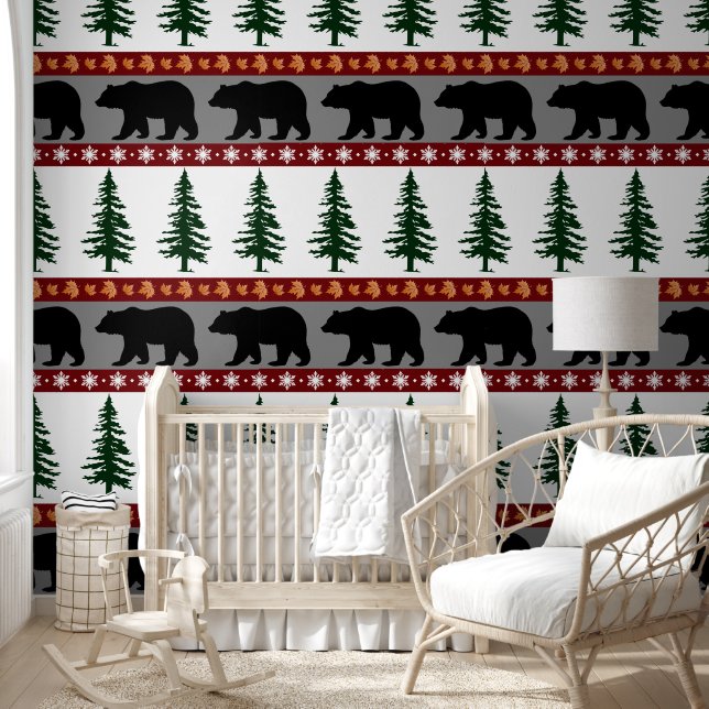 Papel Pintado Trayectorias de bosques Osos y pinos (Niños)