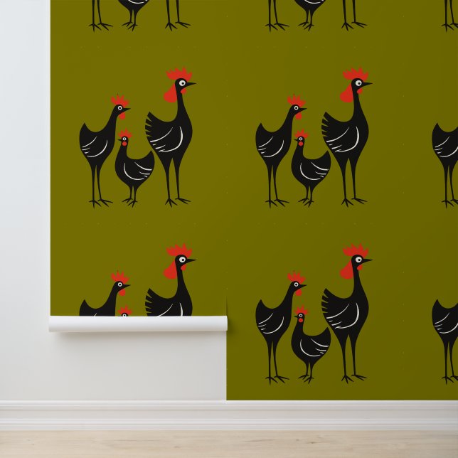 Papel Pintado Tres gallinas francesas retro a mediados del siglo (Solicitud)