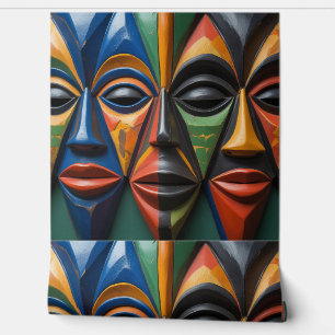 Papel Pintado Trío de Máscaras Tribales Africanas Simetría Dinám