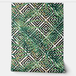 Papel Pintado Tropical geometry - green leaves gold and shapes