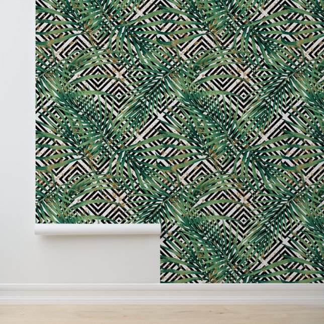 Papel Pintado Tropical geometry - green leaves gold and shapes (Solicitud)