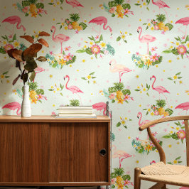 Papel Pintado Tropical Pink Flamingos Plant Beach Vibes Pattern