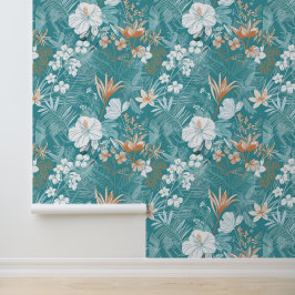 Papel Pintado Tropical Turquoise & Terracotta Hibiscus Floral 