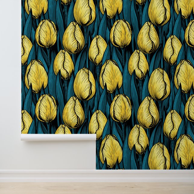 Papel Pintado Tulipanes amarillos con hojas azules (Solicitud)