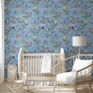 Papel Pintado Tulipanes Azules y Blancos Patrón de Anémonas