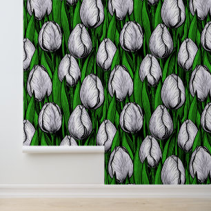 Papel Pintado Tulipanes blancos con hojas verdes