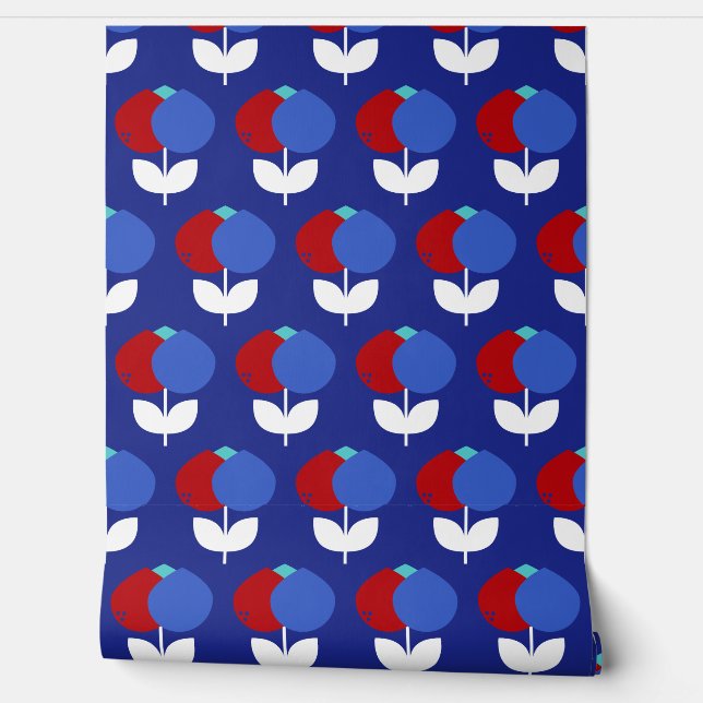 Papel Pintado Tulipanes geométricos rojo y azul (Desenrollar)