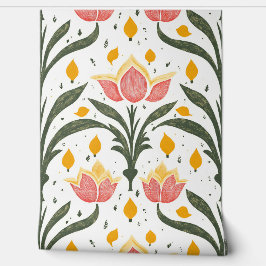 Papel Pintado Tulipanes rosados con patrón de vegetación