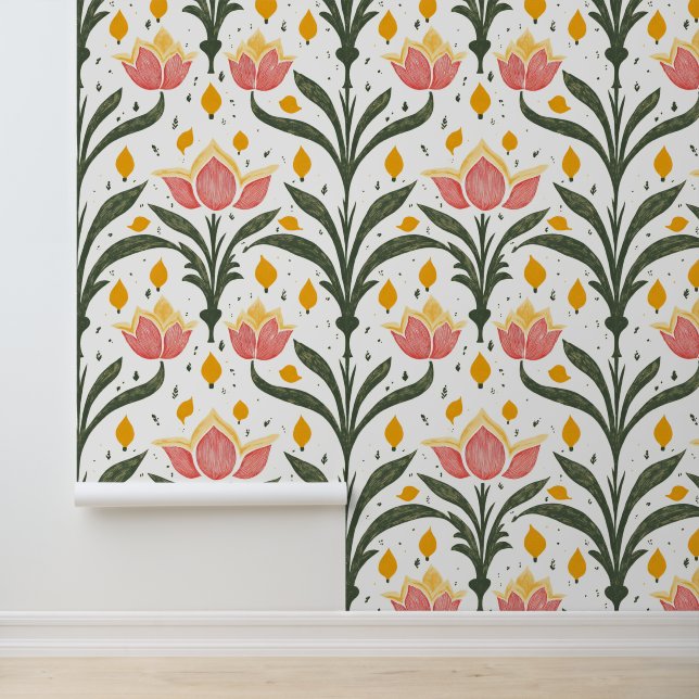 Papel Pintado Tulipanes rosados con patrón de vegetación (Solicitud)