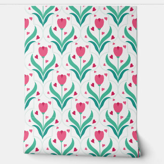 Papel Pintado Tulipanes rosas patrón romántico