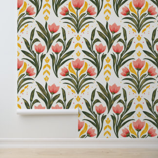Papel Pintado Tulipanes rosas y vegetación