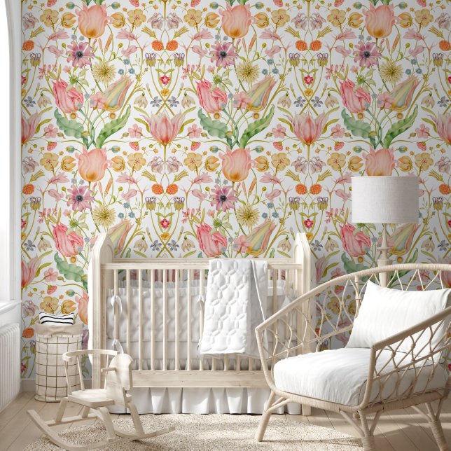 Papel Pintado Tulipanes y flores silvestres botánicas (Niños)