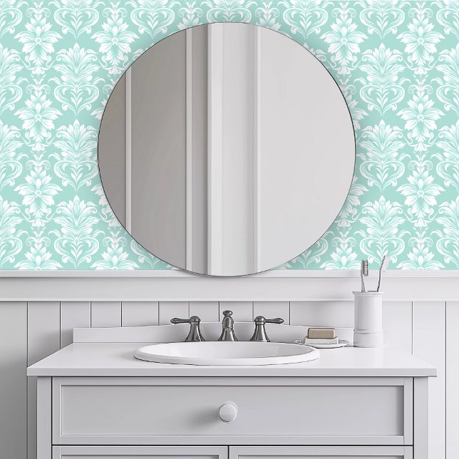 Papel Pintado Turquesa intrromática monocromática (Monochromatic Intricate Turquoise Wallpaper in a white bathroom.)