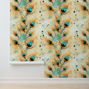 Papel Pintado Turquoise Tangerine Aqua Naranja Peacock Feathers
