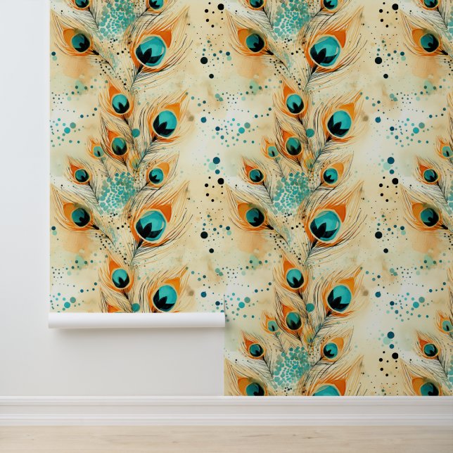 Papel Pintado Turquoise Tangerine Aqua Naranja Peacock Feathers (Solicitud)