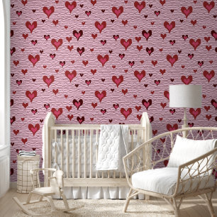Papel Pintado Un amor por las franjas y los corazones, rosado