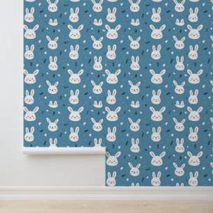 Papel Pintado Un conejito lindo se enfrenta al patrón azul