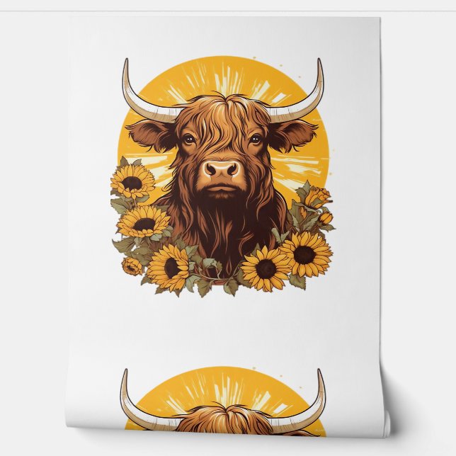 Papel Pintado Un Ilustracion de vaca de Highland con Sunflowers  (Desenrollar)