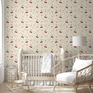 Papel Pintado Una chica linda con cerezas en crema beige