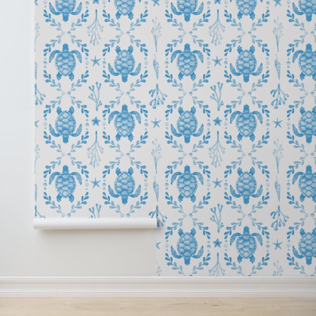 Papel Pintado Underwater Sea Turtles and Starfish in Light Blue  (Solicitud)