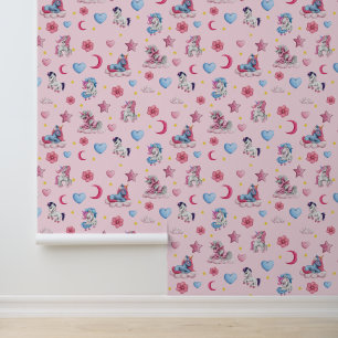Papel Pintado Unicornios coloridos, luna rosa, corazones en rosa