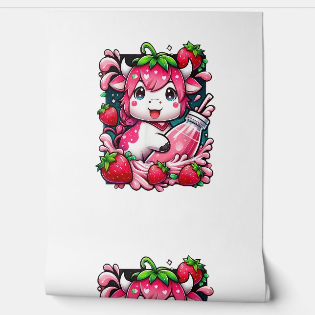 Papel Pintado Vaca de fresa Kawaii Anime Fresa Leche (Desenrollar)