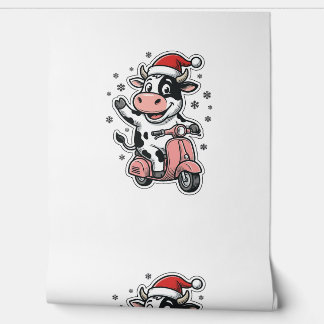 Papel Pintado Vaca de Navidad montando scooter rosa vintage vect