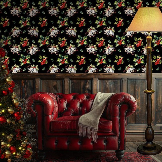 Papel Pintado Vacaciones navideñas vírgenes, campanas plateadas  (Vintage Christmas Holiday Silver Bells and Holly Black Wallpaper)