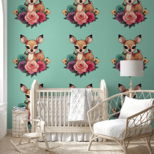 Papel Pintado Venado bebé con Rosas y follaje verde