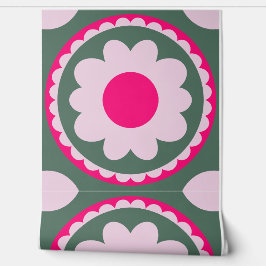 Papel Pintado Verde con Círculo Floral Rosa