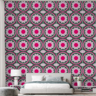 Papel Pintado Verde con Círculo Floral Rosa