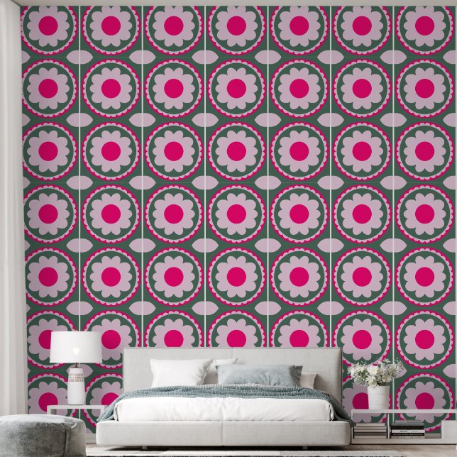 Papel Pintado Verde con Círculo Floral Rosa (Dormitorio)