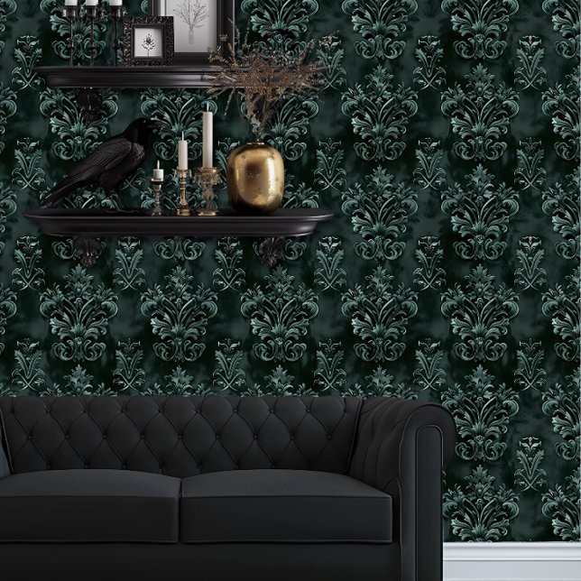 Papel Pintado Verde esmeralda decorativo de Whimsigoth (Whimsigoth Green Damask wallpaper behind a black couch.)