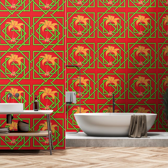Papel Pintado Verde Geo Floral Rojo (Baño)