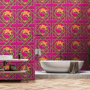 Papel Pintado Verde Geo Floral Rosa