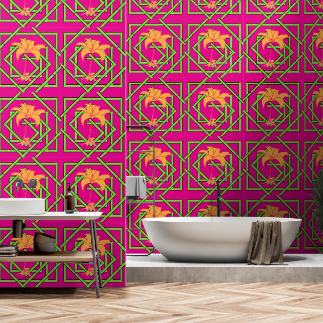 Papel Pintado Verde Geo Floral Rosa (Baño)