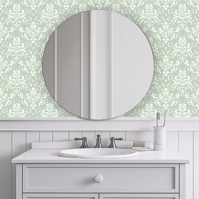 Papel Pintado Verde monocromático elegante (Monochromatic Elegant Green Wallpaper in a white bathroom.)