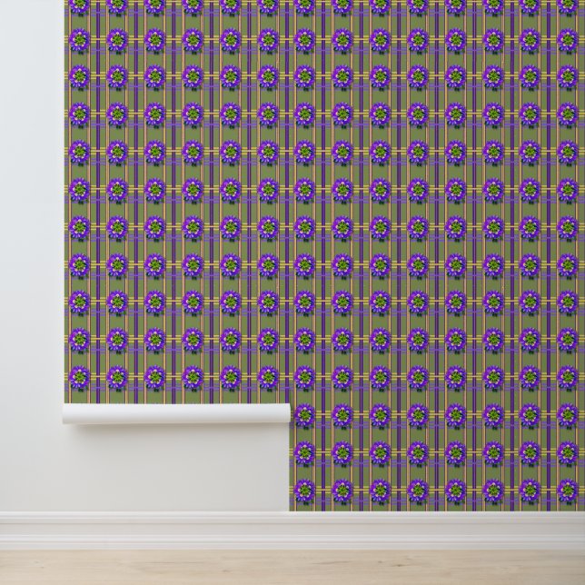 Papel Pintado Verde Musgo con Flores Purpura (Solicitud)
