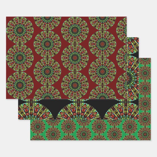 Papel pintado verde rojo Mandala (Set)