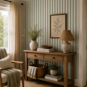 Papel Pintado Verde Salvia Rústico Neutral Raya Casa de Campo Co