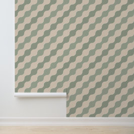 Papel Pintado Verde Salvia y Crema Ola Fluyente Lujo Geométrico