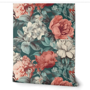 Papel Pintado Verdes Salvia y Rosas Polvorientas Peonías Vintage