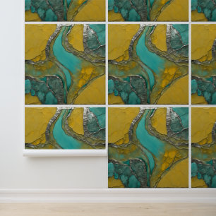 Papel Pintado Verdigris y tanzanita con plata metálica