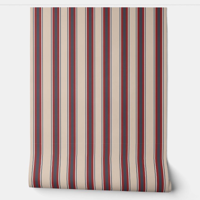 Papel Pintado Vertical Stripes Tan Red Blue (Desenrollar)