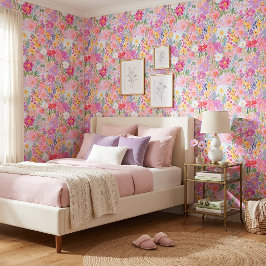 Papel Pintado Vibrante Floral Primaveral de Morado y Rosa