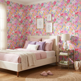 Papel Pintado Vibrante Floral Primaveral de Morado y Rosa