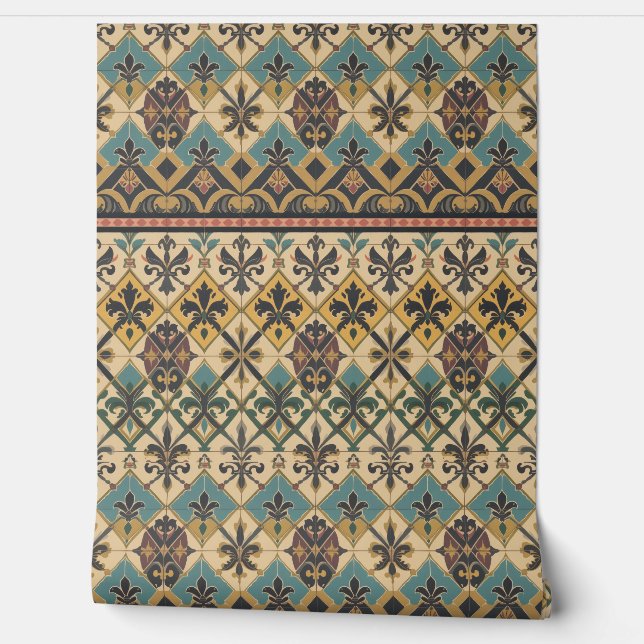 Papel Pintado Victorian Tile Pattern in Teal, Gold, and Burgundy (Desenrollar)