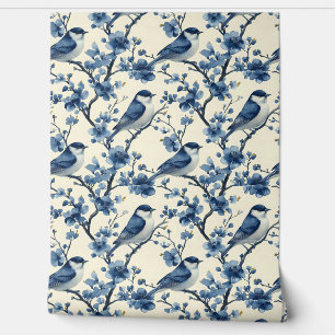 Papel Pintado Vieja Delft Blue Little Birds Chinoiserie