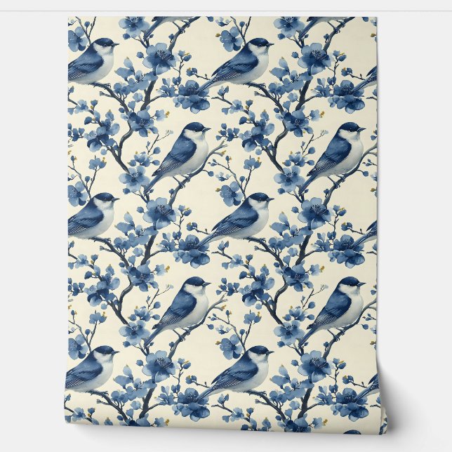 Papel Pintado Vieja Delft Blue Little Birds Chinoiserie (Desenrollar)